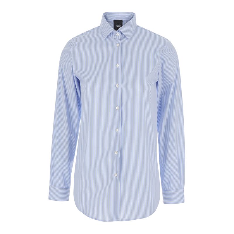 Plain Women Light Blue Shirt With Classic Collar And Curved Hem In Cotton Woman